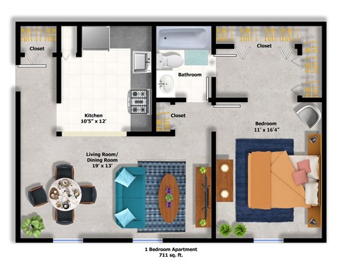 Floor plan for 1 bed, 1 bath, 711 sqft